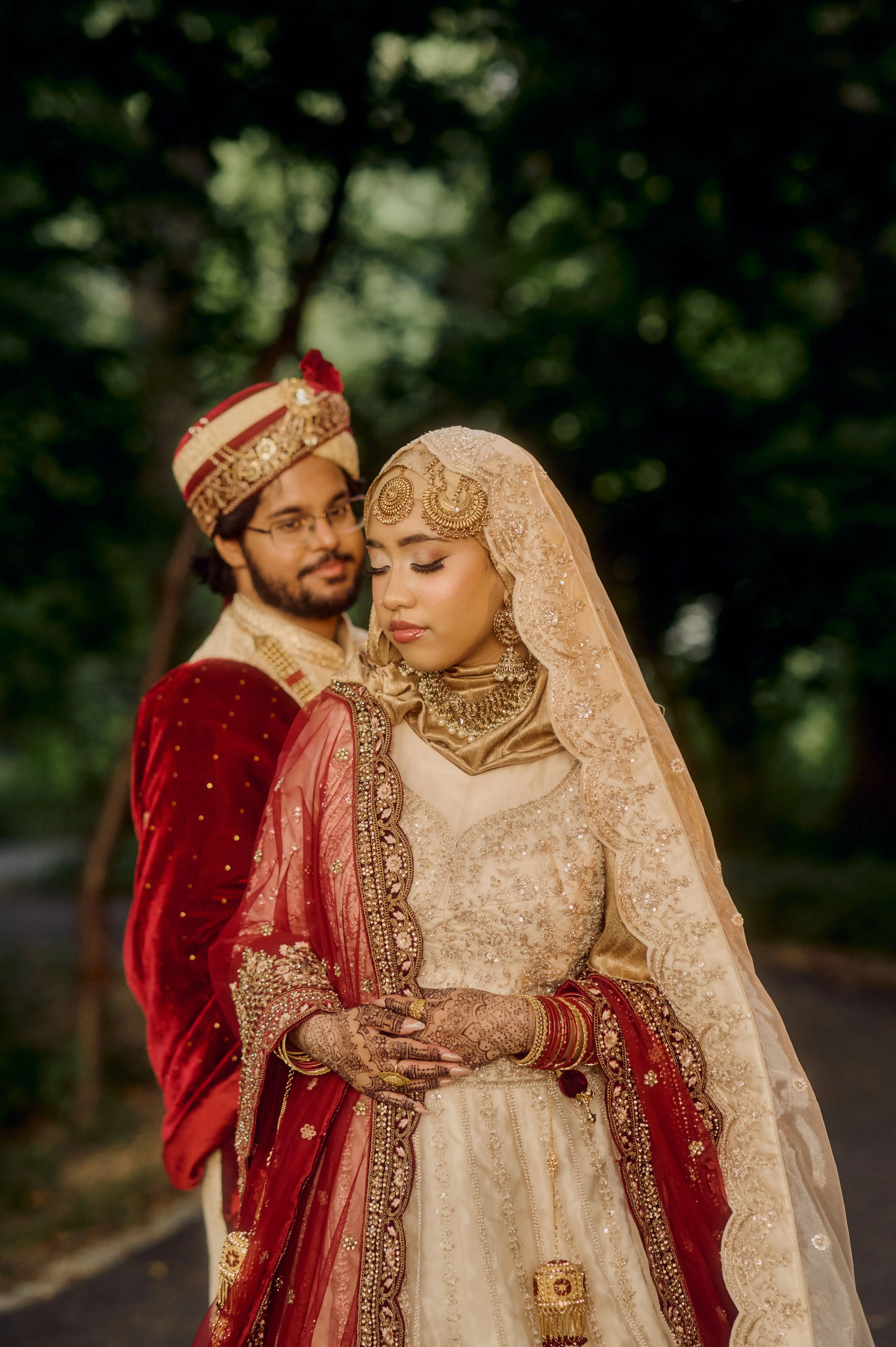 Bride in gold smiling warmly